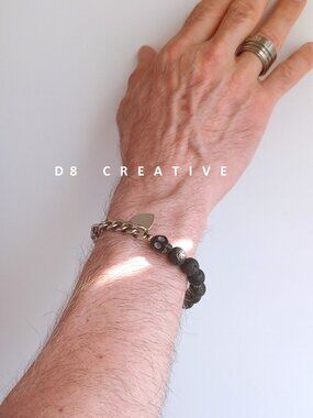 New men's cuban link chain black lava stone and sterling silver bracelet